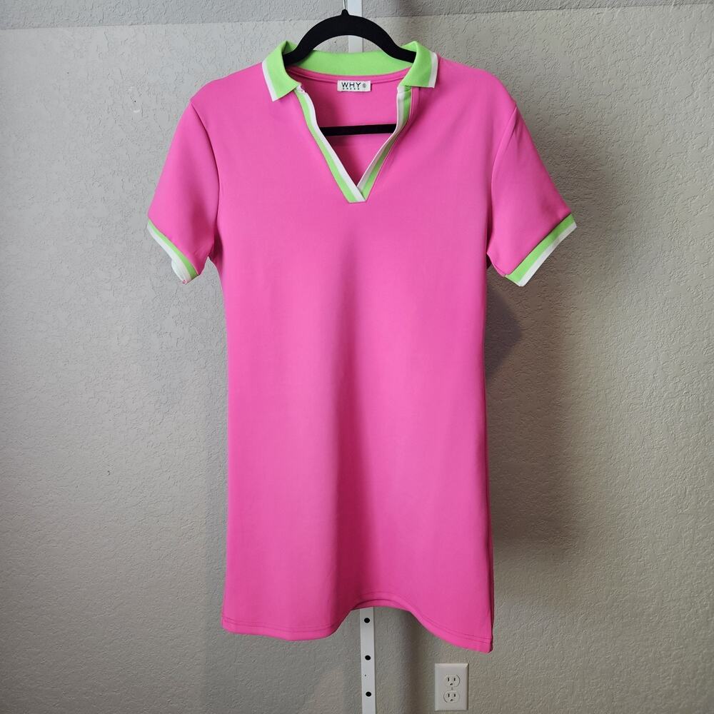 WHY Dress Pink Neon Green Trim Polo Mini Dress S Tennis Preppy EUC
